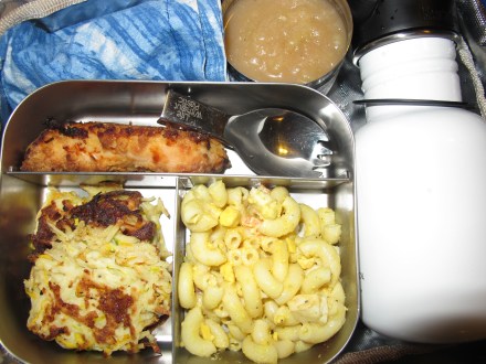 Baked buttermilk chicken "finger", curried macaroni salad, potato-kabocha latkes with a side of apple sauce.