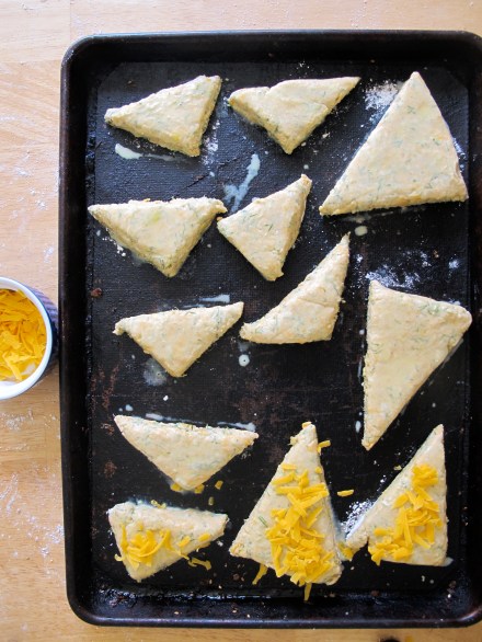 Using a little leftover cream in my measuring cup and an egg yolk, I brush the tops with the wash.  If you have any to spare, add a little cheese followed by a bit of dill on each newly washed piece.  Place into the oven and cook until slightly brown (roughly 12-15 minutes).