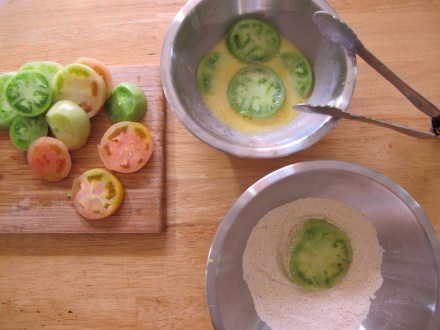 6 tomatoes sliced into thick 1/2 inch slices, dip in egg (I used two) and then combined corn and all purpose flour 1:2.