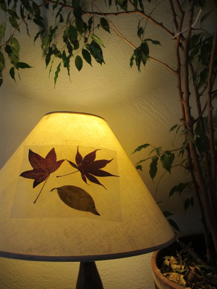 Some ideas could include decorating your lamp shade.  I'm sure that when I make this with my first grader this afternoon he'll likely cut each individual leaf shape so we can use them for ornaments as well as window decorations.  If your kid is handy with the scissors, I say do for it.  This was done with a 2 year old.