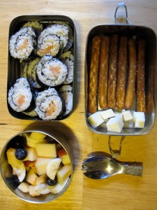 Salmon "Sushi", Monterey Jack Cheese chunks with pretzels for snack, fruit salad (melon, blueberries, apples, bananas) with a drizzle of Orange Blossom extract