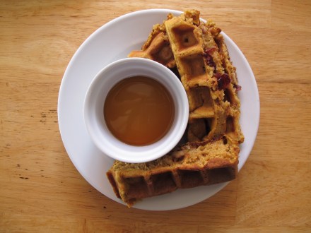 For my two year old, I slice the waffle into sticks and pour a small amount of maple syrup into a ramekin.  You can freeze a couple of sticks if you have a teething toddler-- just watch them and omit nuts and berries.