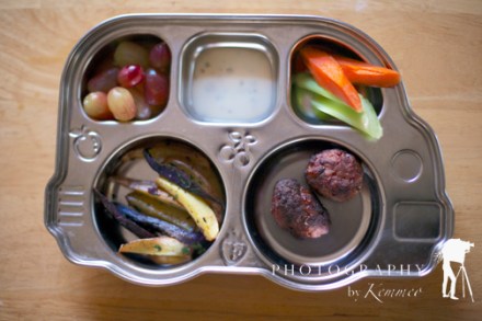 Tri colored baked garlic fries, turkey meatballs, carrots and celery with ranch and grapes.  This is my 2 year olds tray and rations.